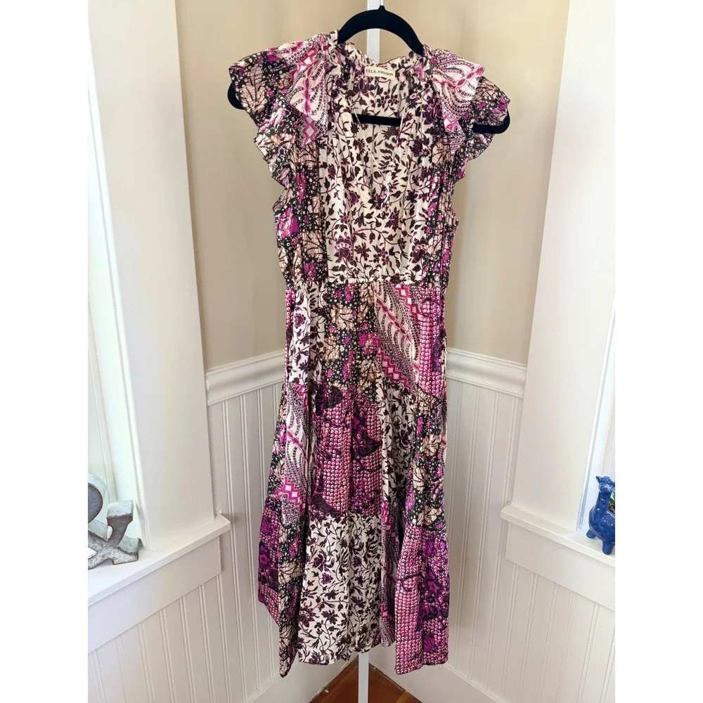 Ulla Johnson Asis Midi Dress Cotton Silk Batik Floral Tiered Purple Fuchsia 0